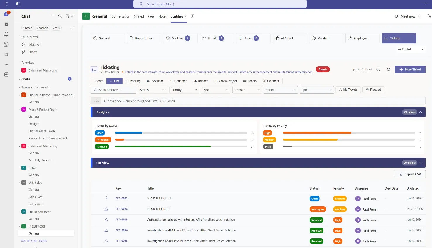 The ticket detail panel